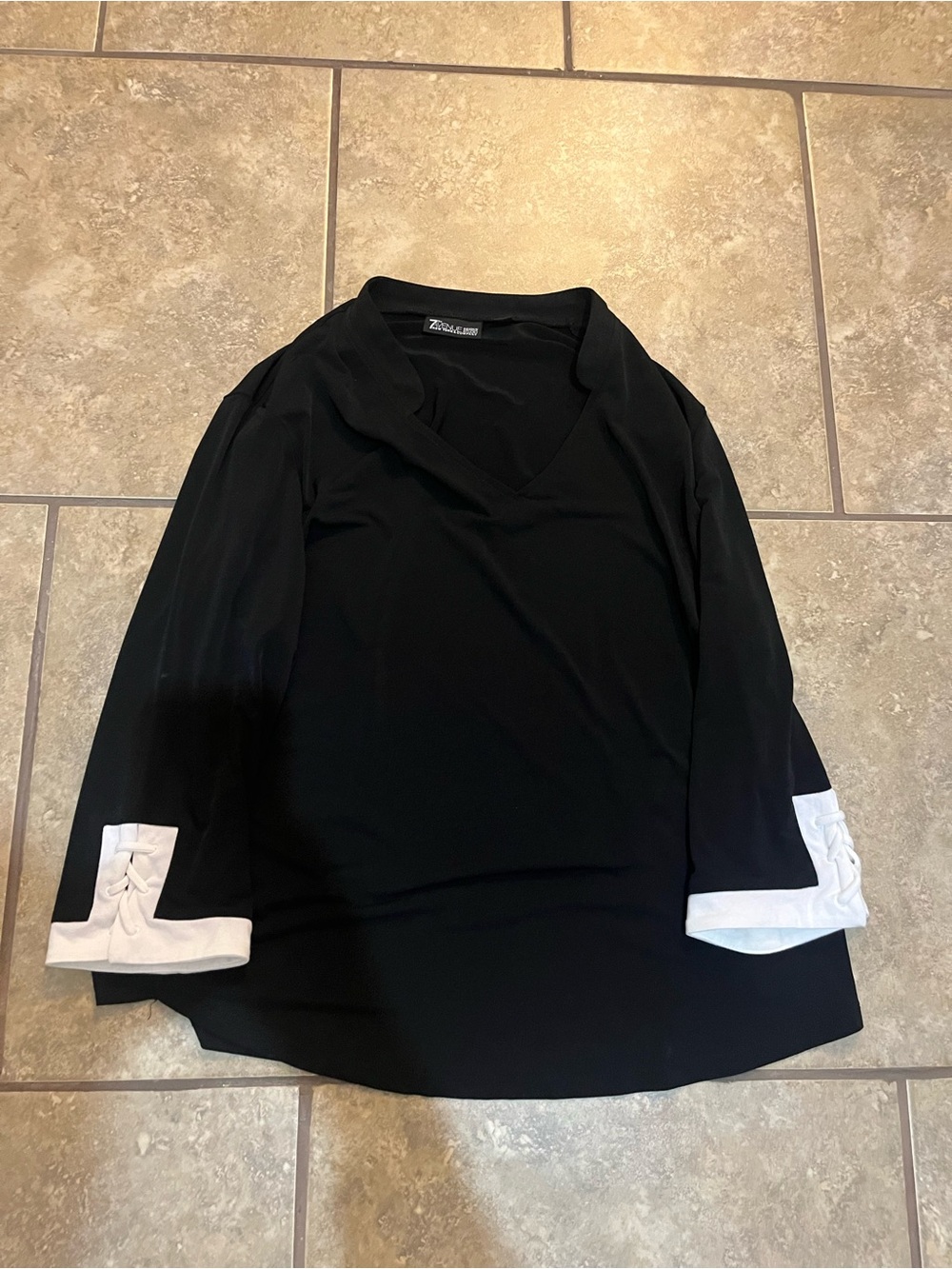 New York & Company Black Blouse with White Cuff Detail
